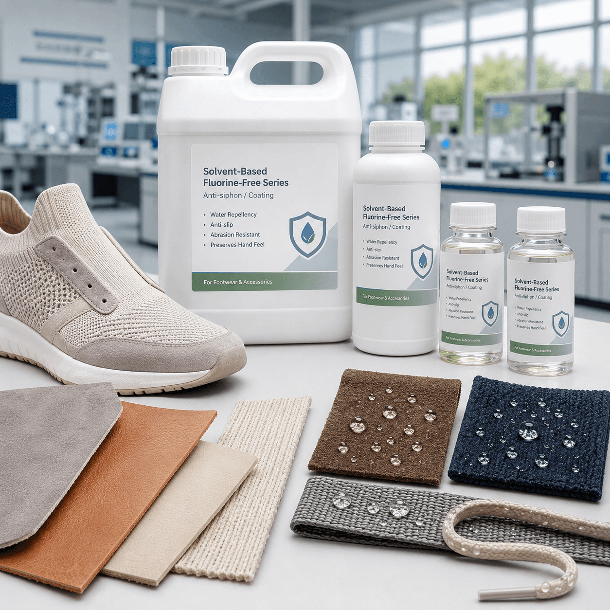 Solvent-based fluorine-free DWR for footwear and leather
