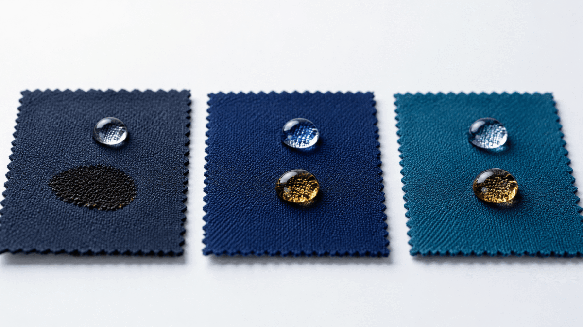 C6 vs C0 water repellent comparison — water droplets beading on treated fabric