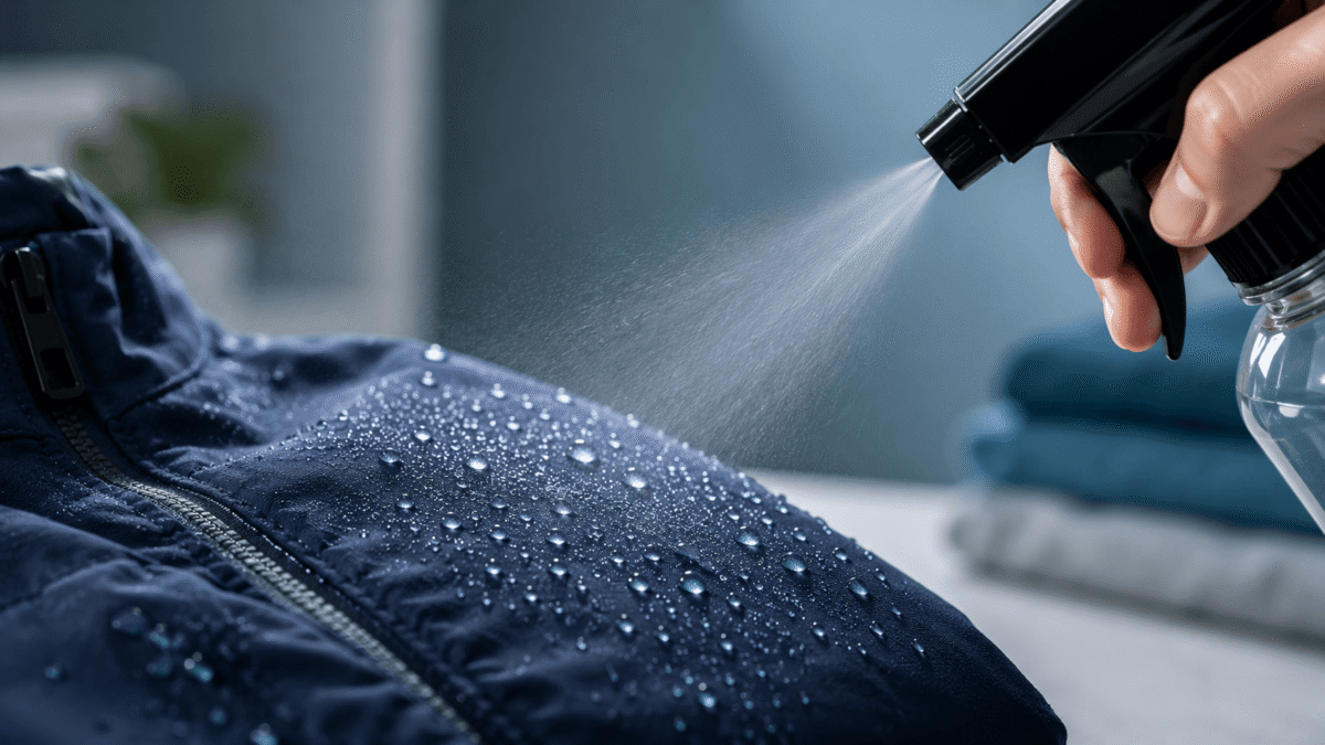 spray-on water repellent — trigger spray applied to a shoe, water beading