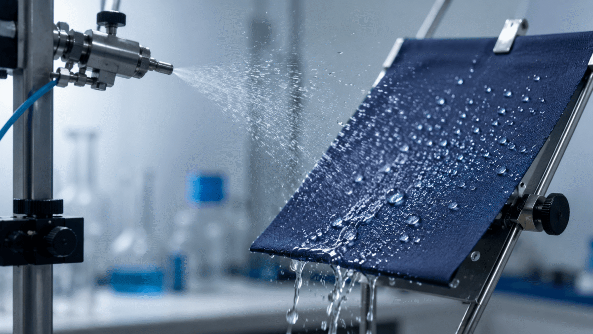 water repellency ratings — AATCC 22 spray test, water beading on angled fabric