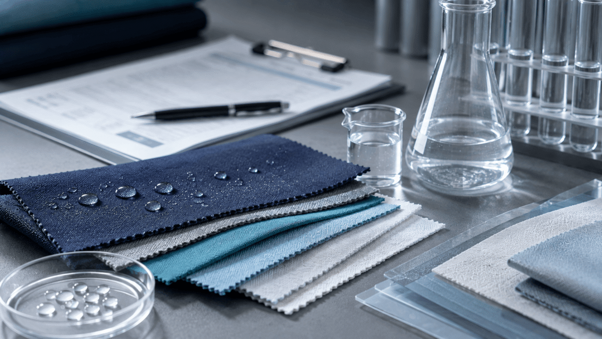 water repellent certifications — treated fabric swatches with a quality-testing feel