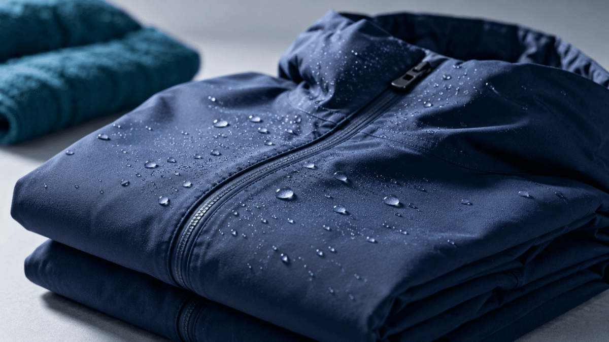 water repellent for apparel — water beading on soft folded jacket fabric