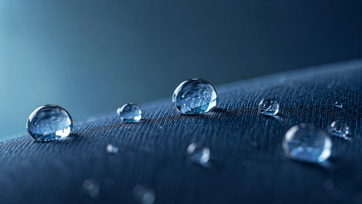 water repellent vs waterproof — water beading high on a repellent-finished fabric