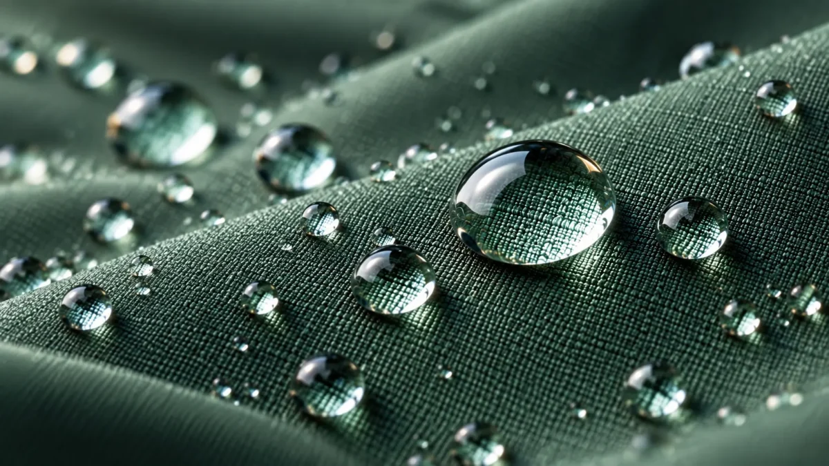 water repellent for polyester — droplets beading on woven polyester fabric