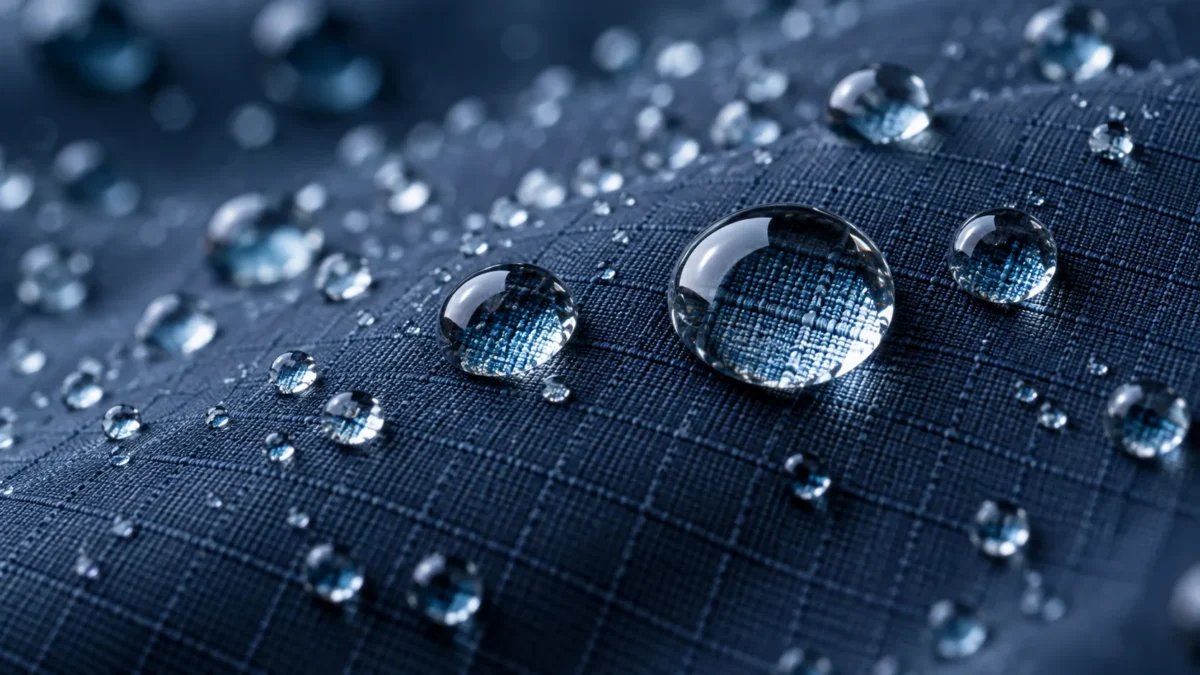 water repellent for nylon — droplets beading on ripstop nylon fabric